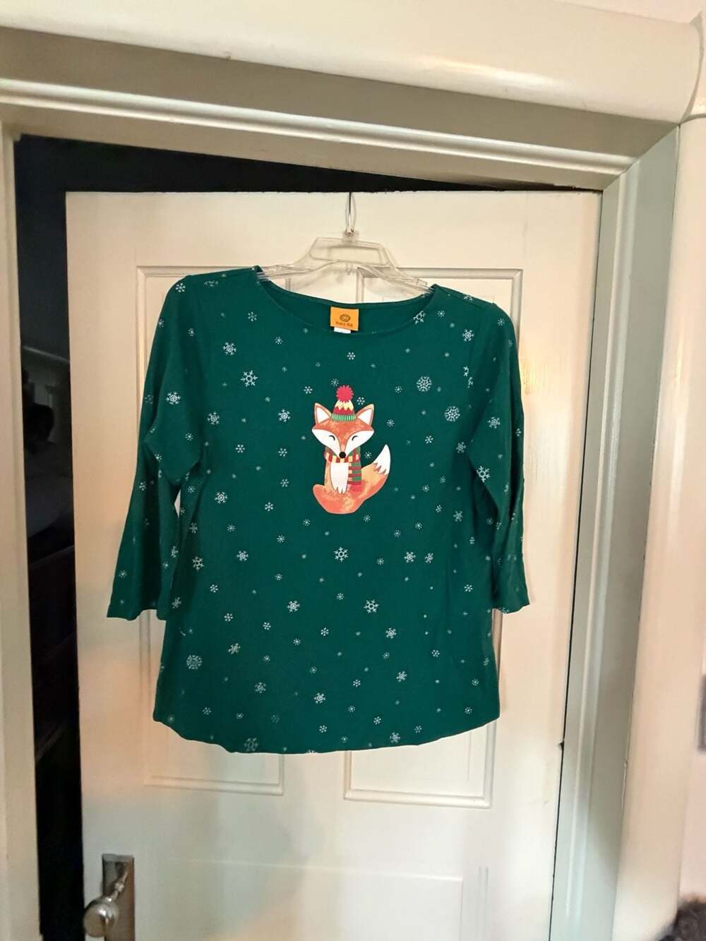 Ruby Rd. Christmas Top Size L Green Fox Snowflake 3/4 Sleeve